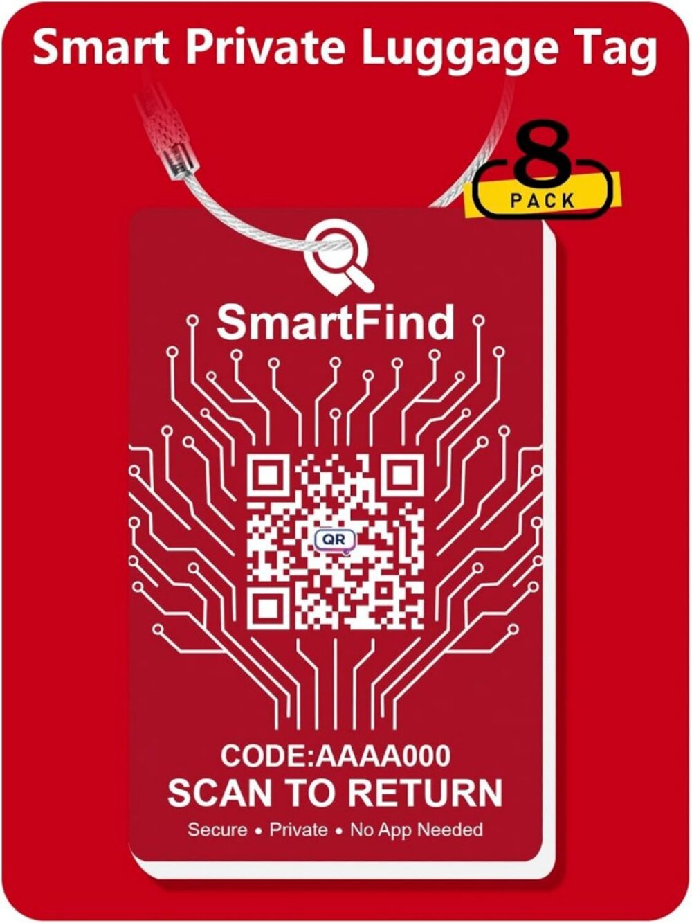 Smart QR Code Luggage Tags for Travel | Compatible with Android & iOS, 8-Pack